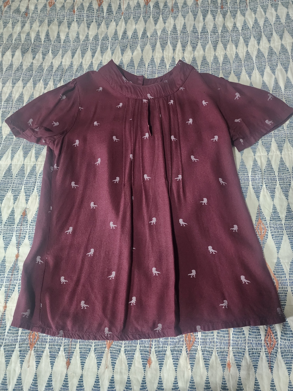 Modcloth/ Circus Burgundy Short Sleeve Blouse with Dinosaur Print